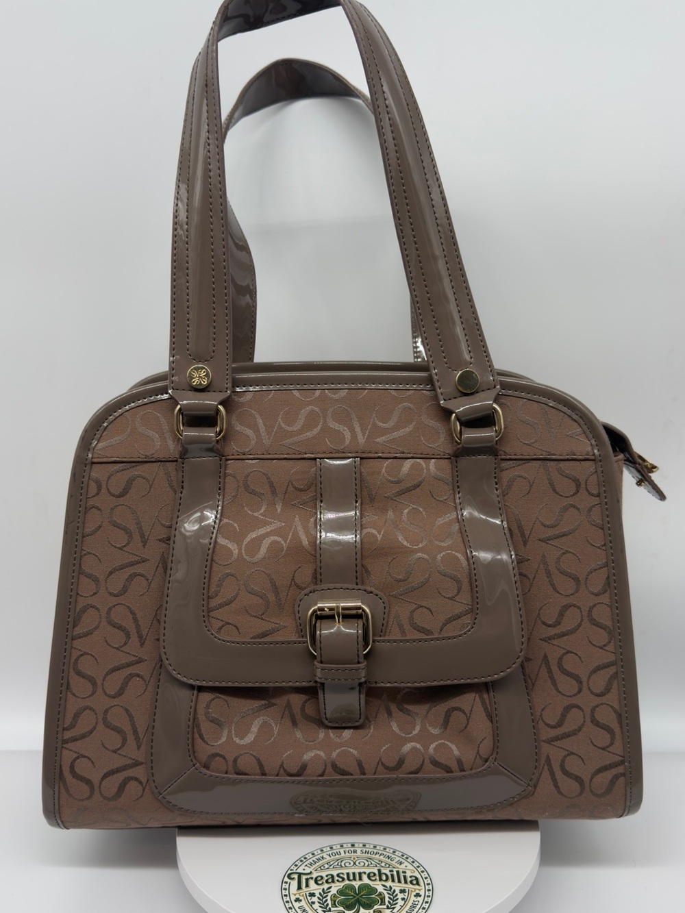 Simply Vera Vera Wang Taupe Monogram Satchel with Glossy Trim
